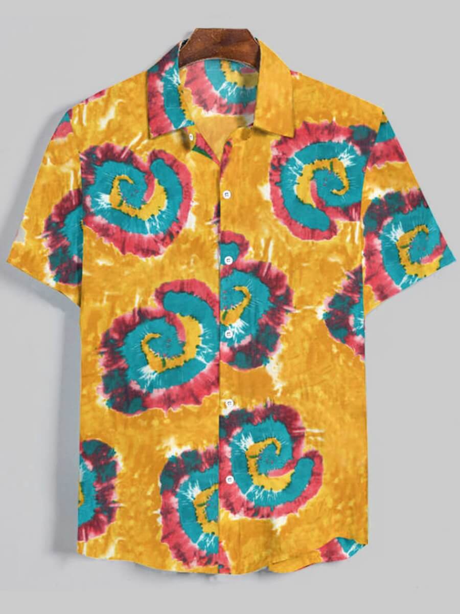 

Lovely Men Casual Turndown Collar Tie-dye Yellow Shirt