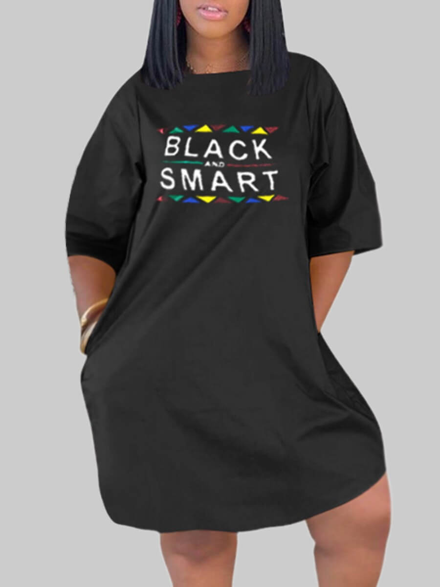 

Lovely Casual Letter Geometric Print Black Knee Length Plus Size Dress