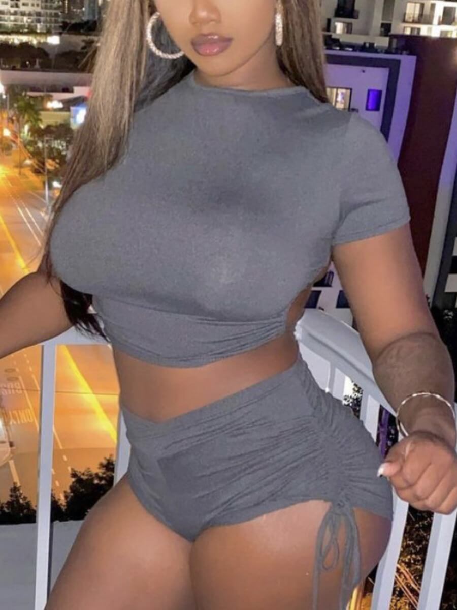

Lovely Casual O Neck Fold Design Drawstring Grey Two Piece Shorts Set
