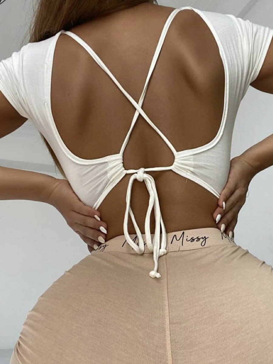 

Lovely Sexy Bandage Hollow-out Design White T-shirt