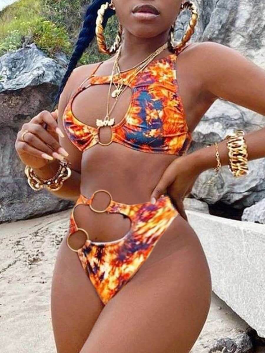 

Lovely Casual Print Hollow-out Metal Accessories Decoration Yellow Two-piece Swimsuit