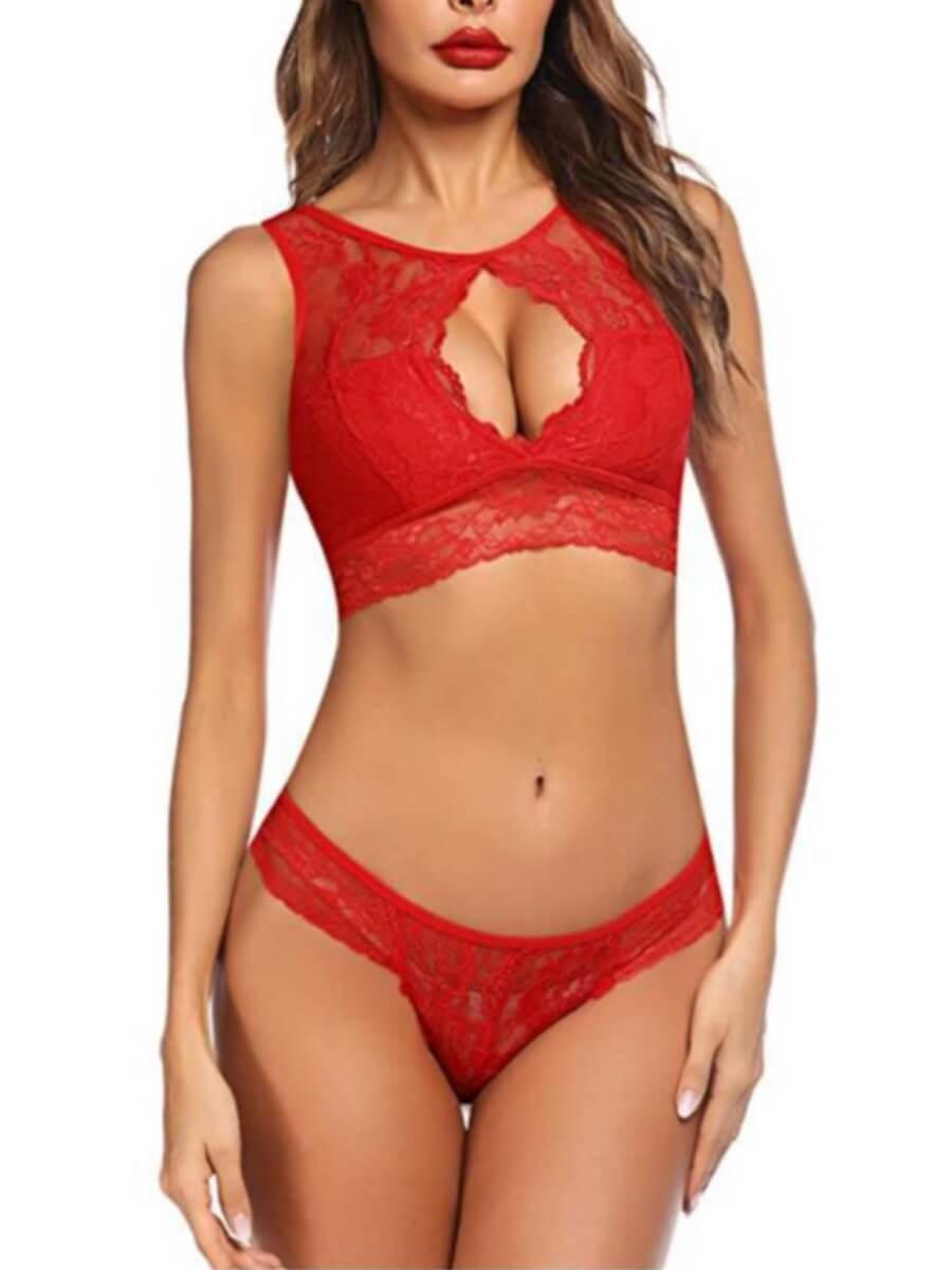 

Lovely Sexy Lace Hollow-out See-through Red Bra Sets