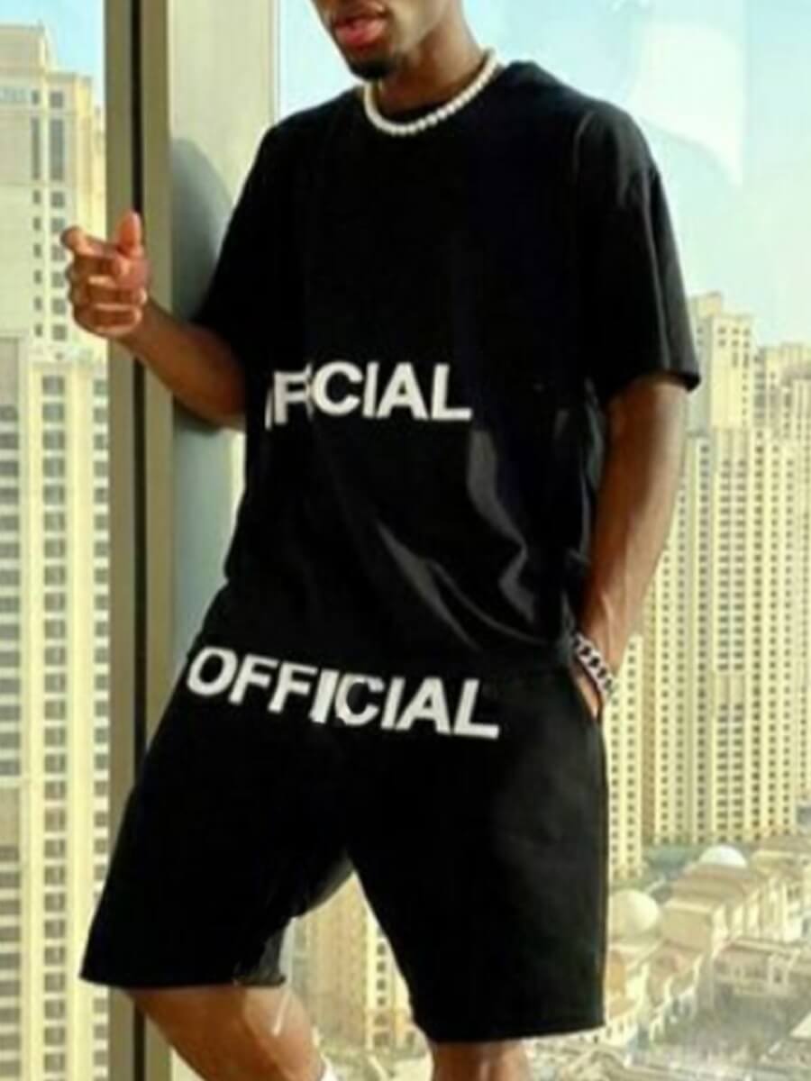 

Lovely Men Casual O Neck Letter Print Black Two Piece Shorts Set