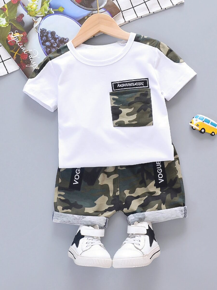 

Lovely Casual Camo Letter Print Patchwork White Boy Two Piece Shorts Set