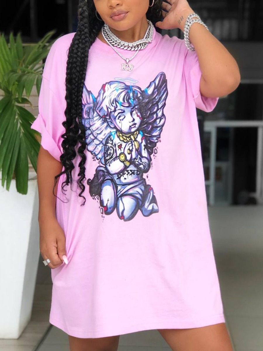 

Lovely Casual O Neck Cartoon Print Pink Knee Length Dress