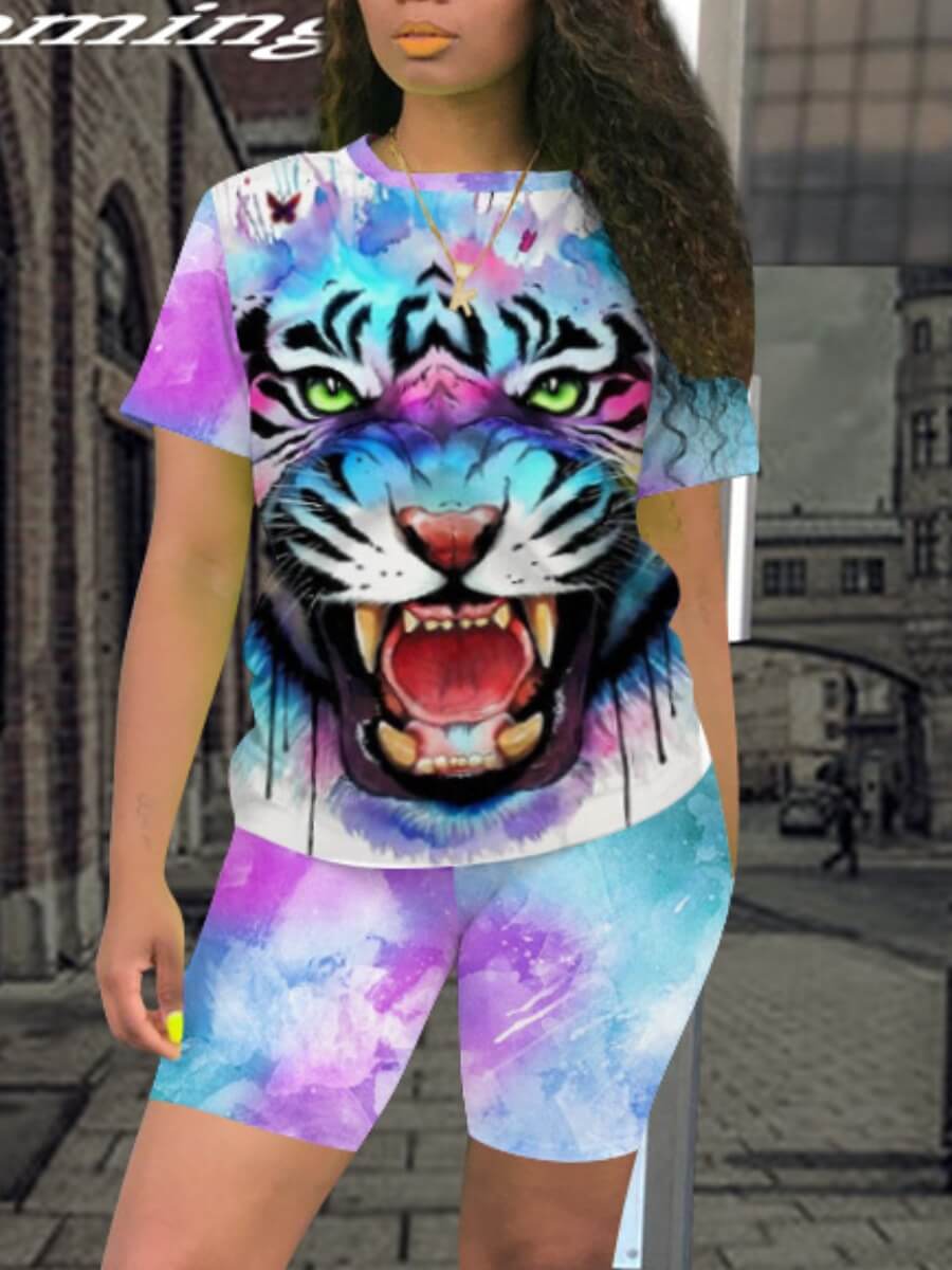 

Lovely Casual O Neck Animal Print Blue Two Piece Shorts Set