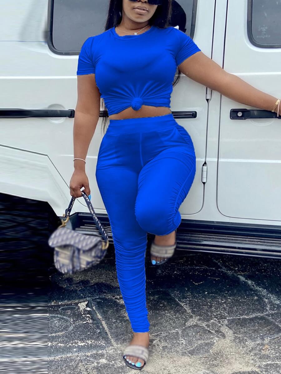 

Lovely Casual O Neck Fold Design Blue Two Piece Pants Set