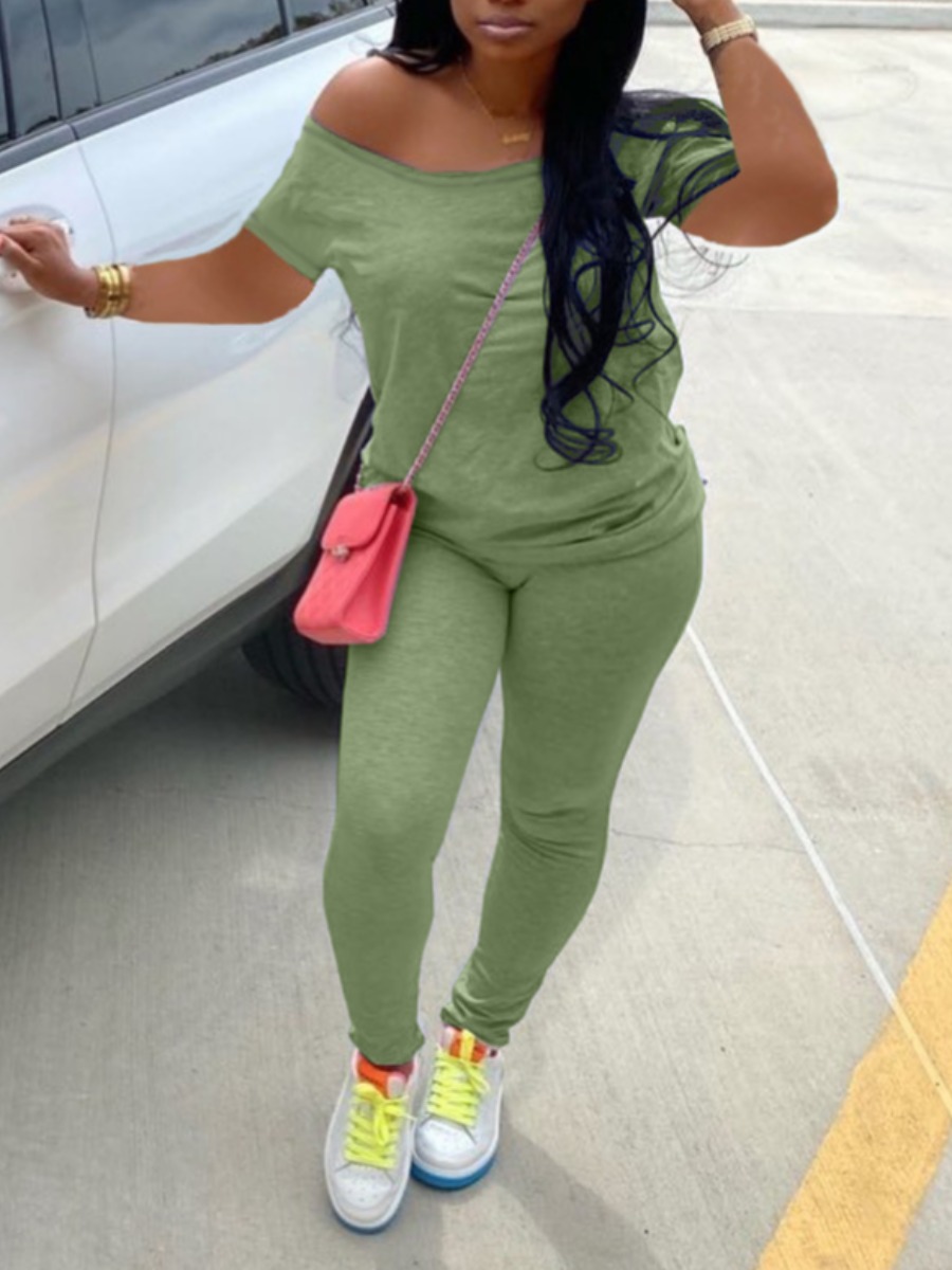 

Lovely Casual Dropped Shoulder Green Two Piece Pants Set