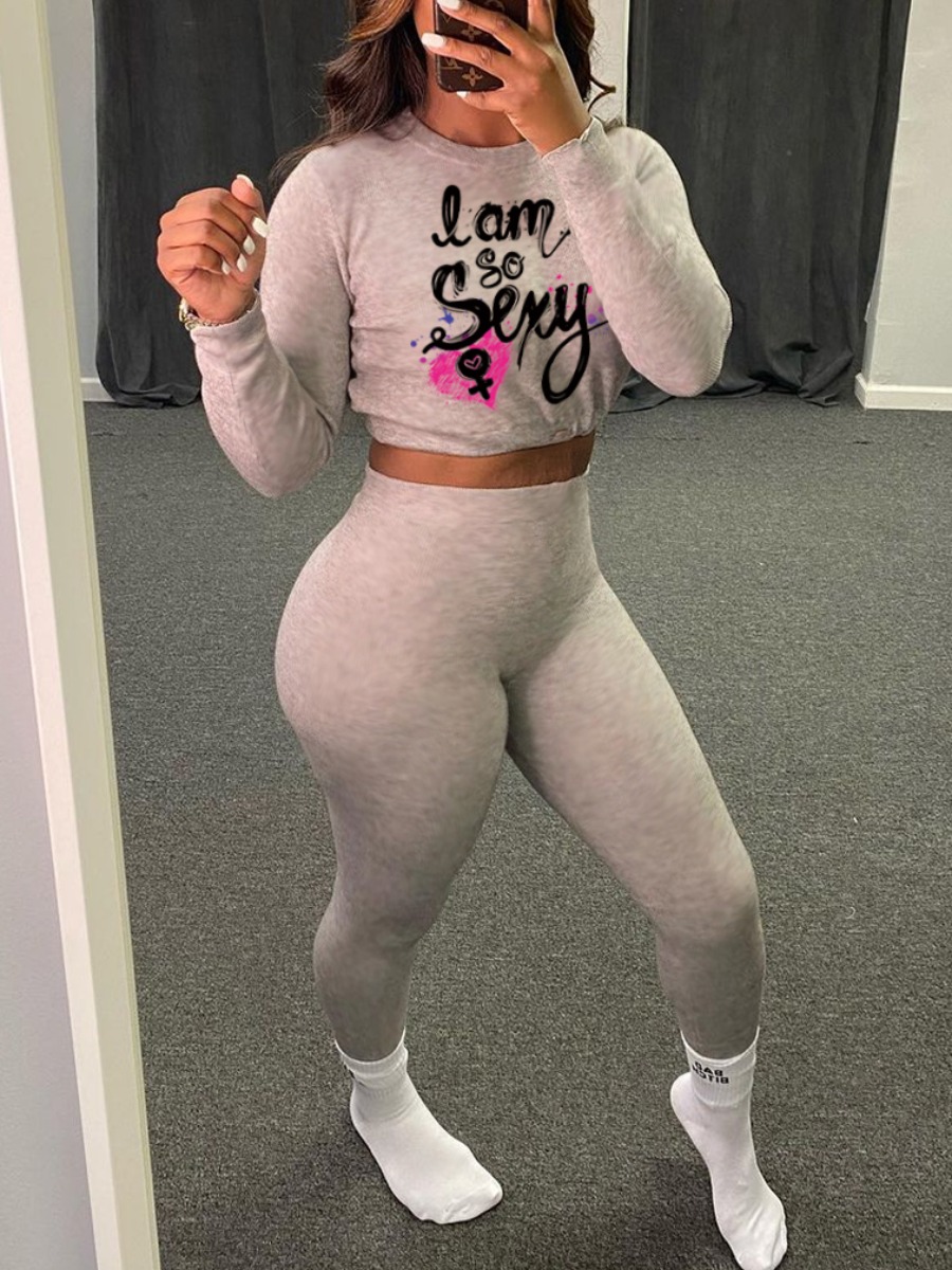 

Lovely Casual Letter Print High-waisted Light Grey Two Piece Pants Set