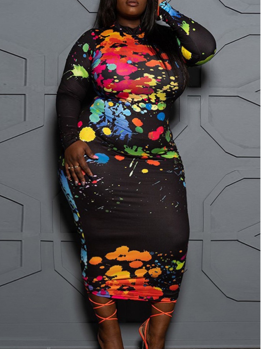 

Lovely Plus Size Casual Splash Ink Print Patchwork Black Mid Calf Dress