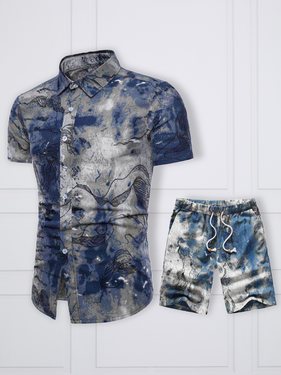 

Lovely Men Casual Splash Ink Print Blue Two Piece Shorts Set
