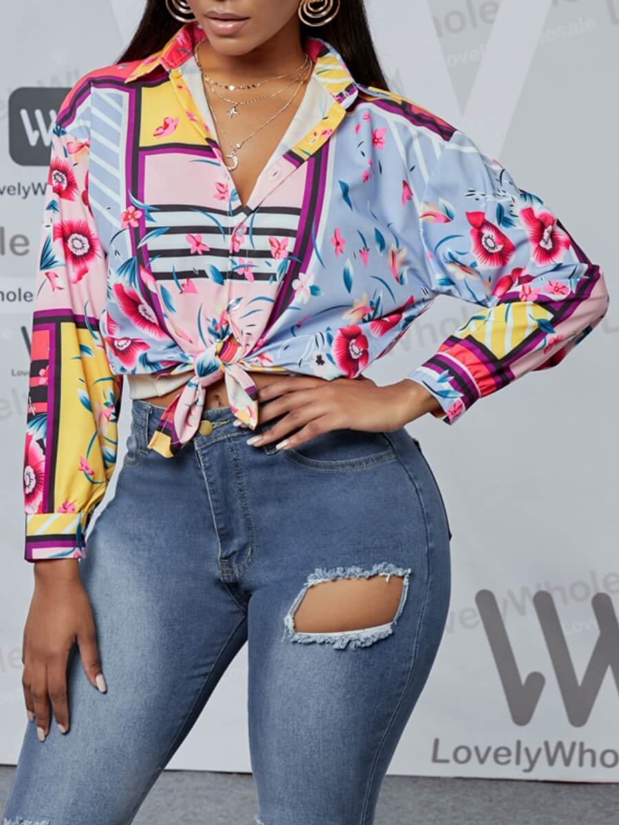 

Lovely Street Turndown Collar Floral Print Multicolor Blouse, Multi
