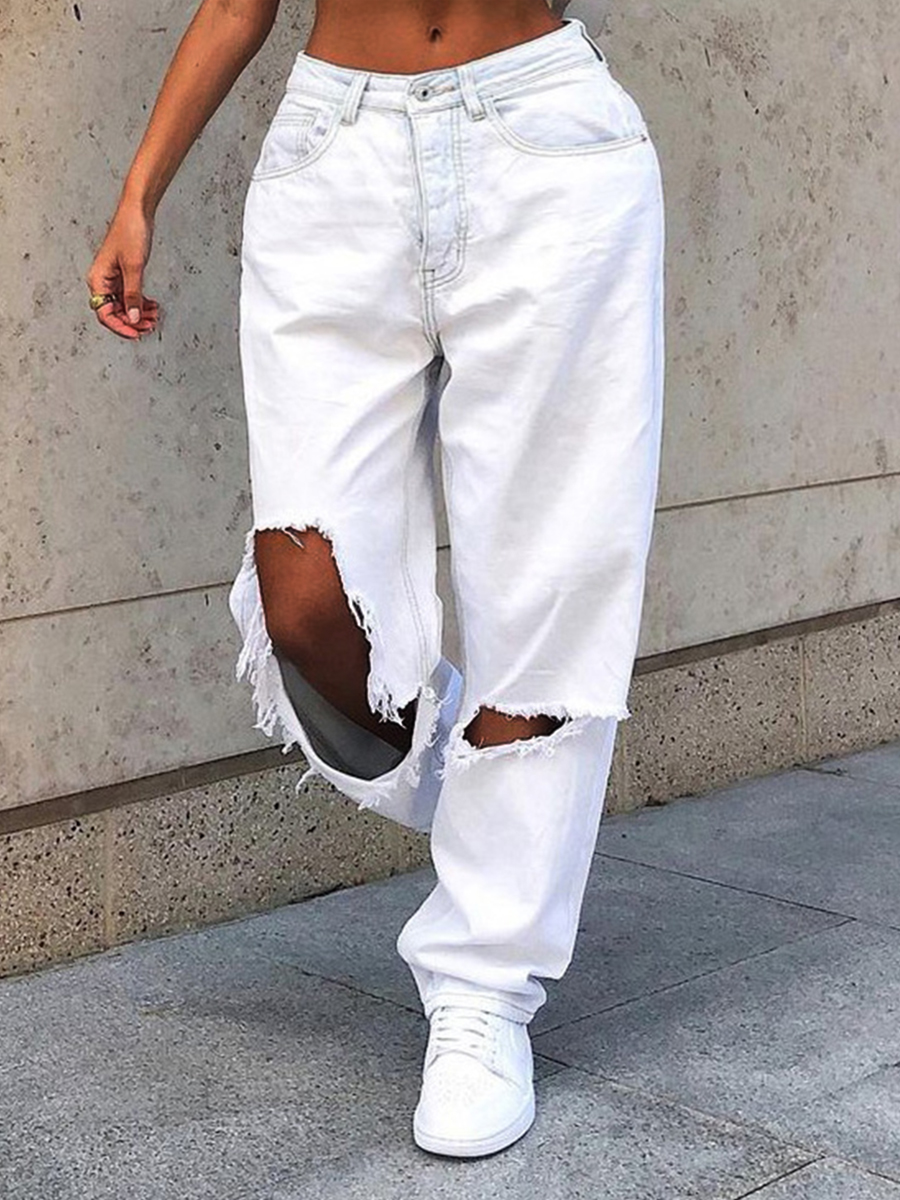 

Lovely Street High-waisted Ripped White Straight Leg Pants