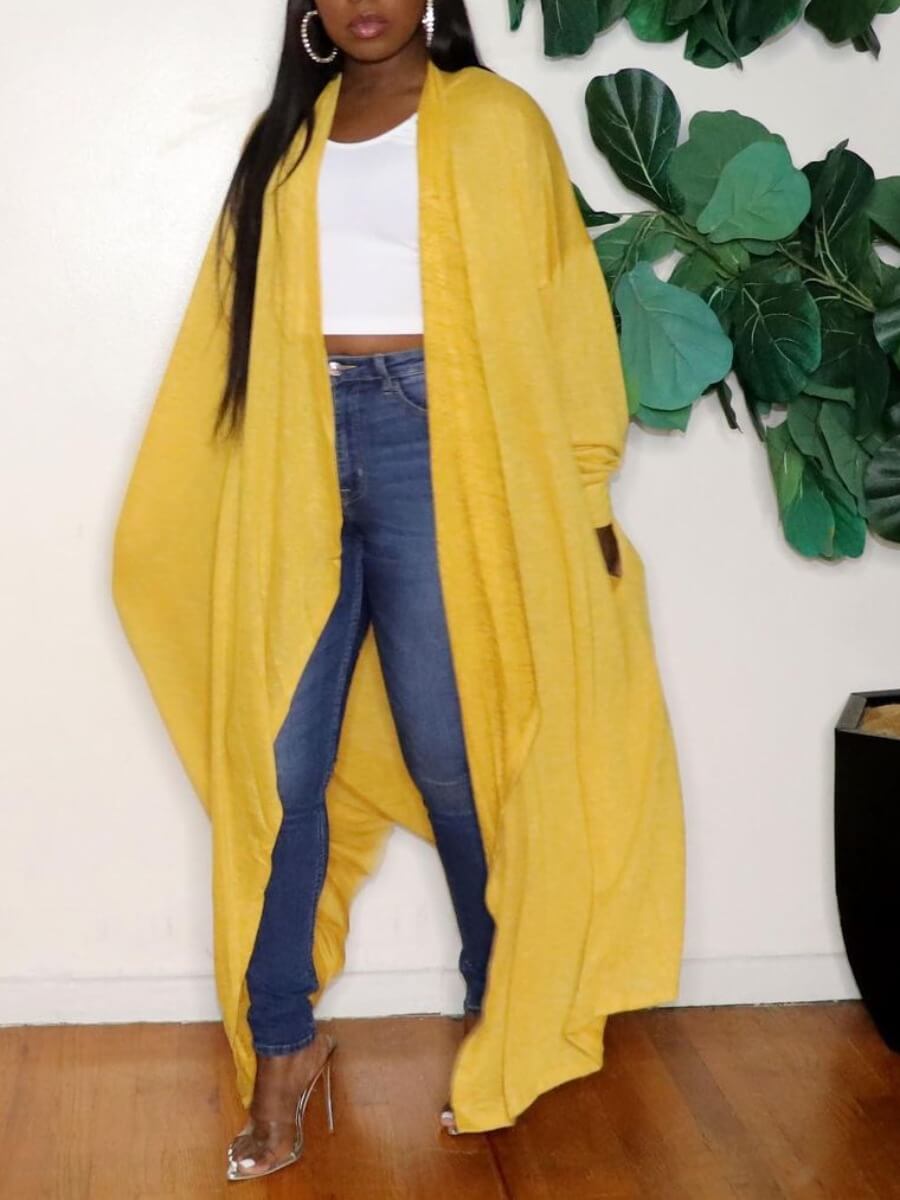 

Lovely Casual Dropped Shoulder Pocket Design Yellow Trench Coat