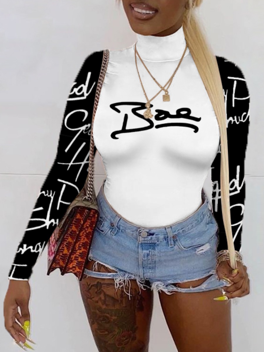 

Lovely Street Turtleneck Letter Print White T-shirt
