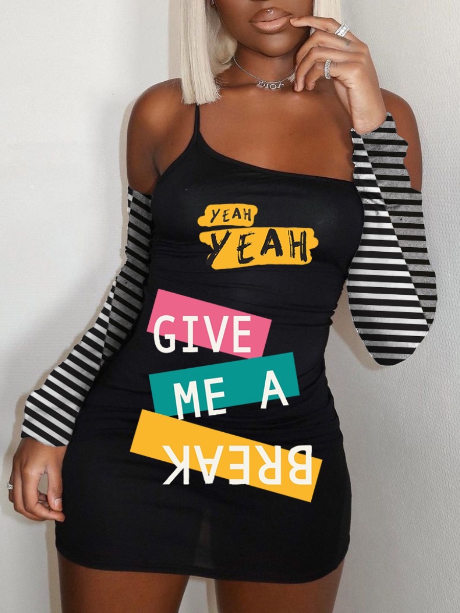 

Lovely Trendy Off The Shoulder Letter Print Striped Black Mini Dress