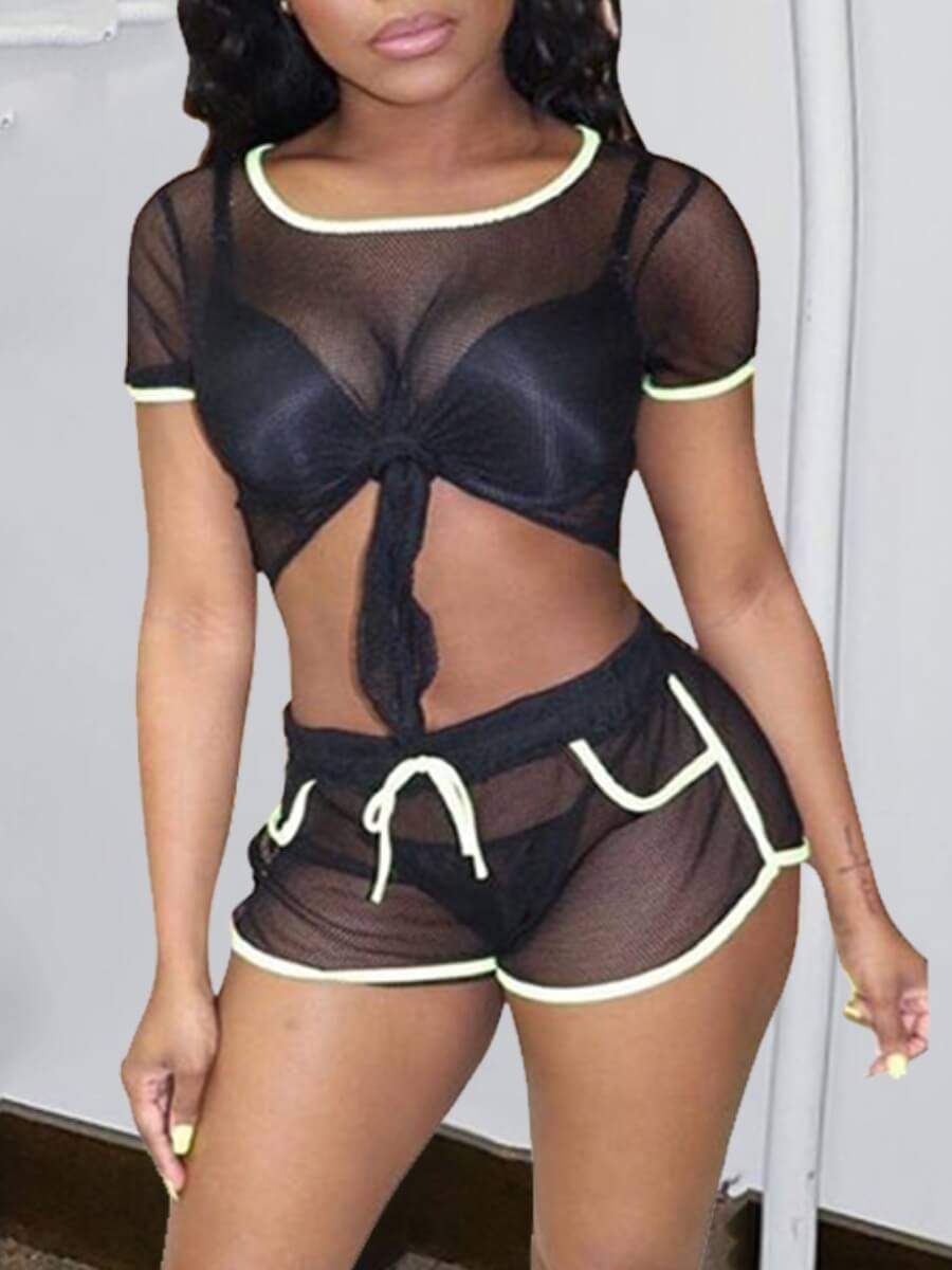 

Lovely Sexy Mesh Patchwork Black Two Piece Shorts Set