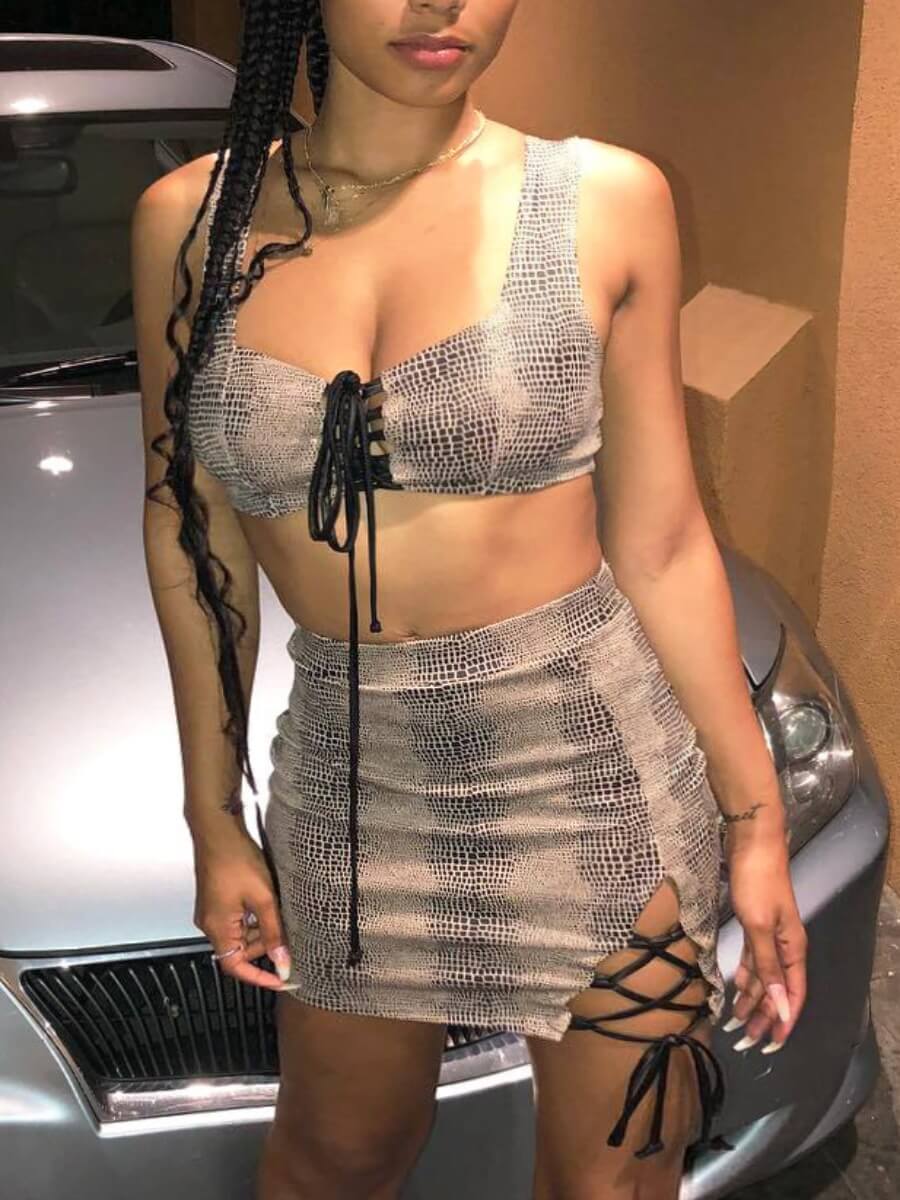 

Lovely Sexy Bandage Hollow-out Design Cobra Print Grey Two Piece Skirt Set