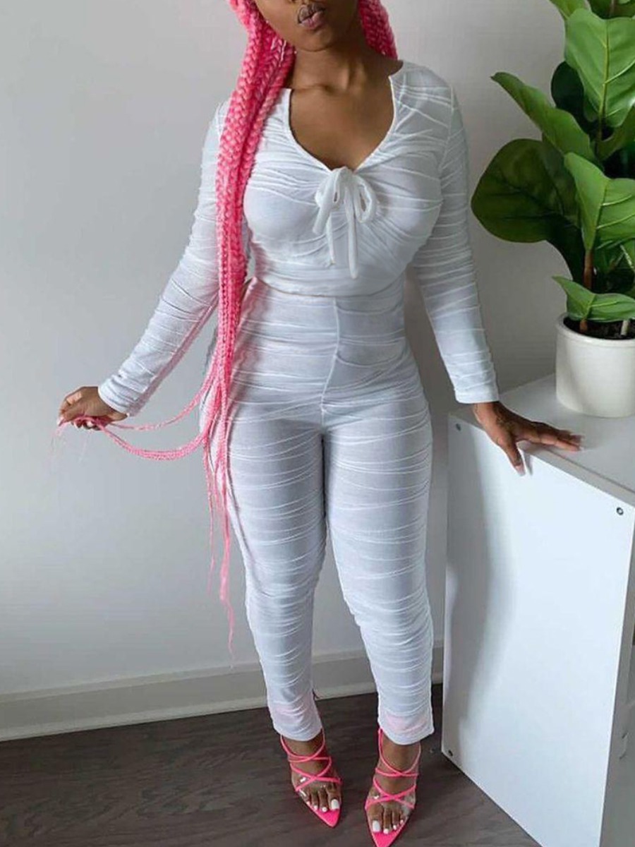 LW Sweet Ruched Drawstring White One-piece Jumpsuit