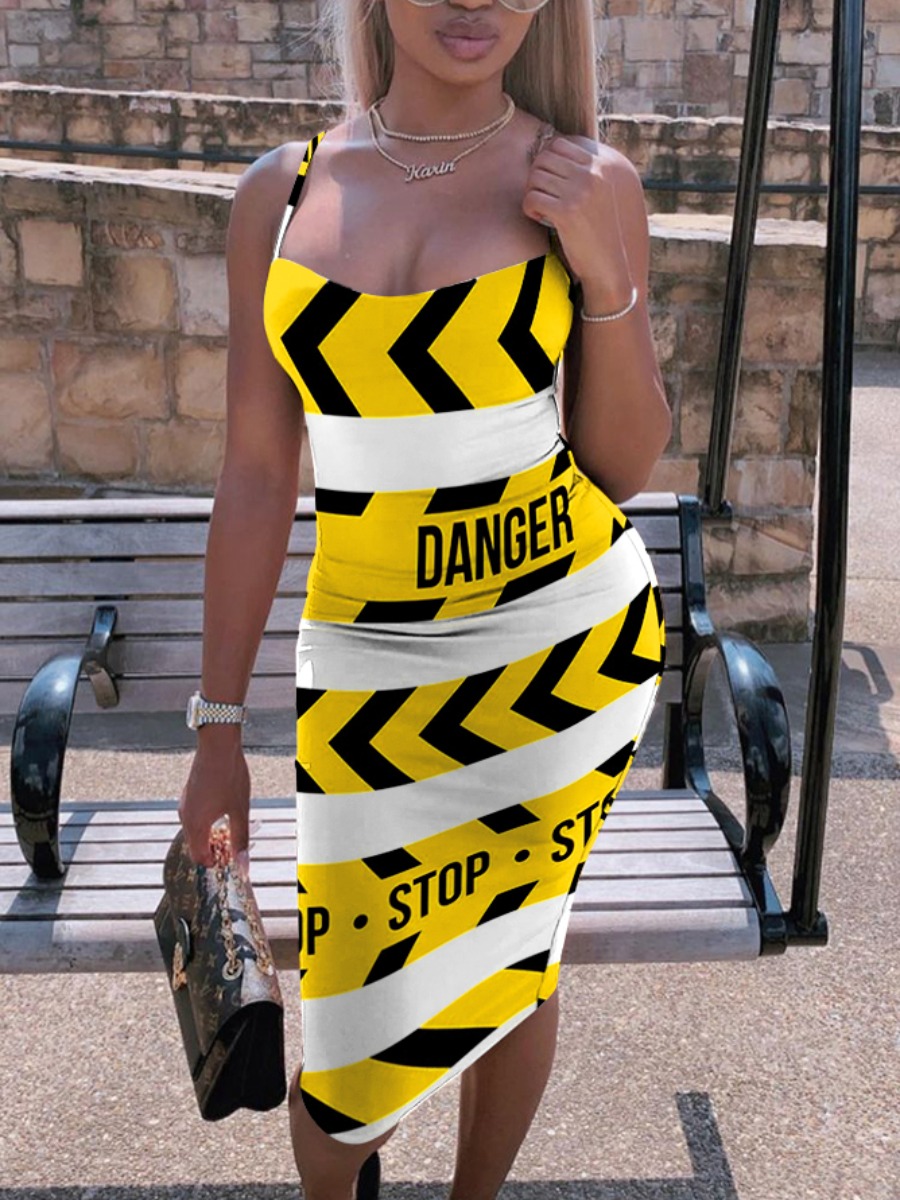 

LW Street Letter Print Striped Yellow Knee Length Dress