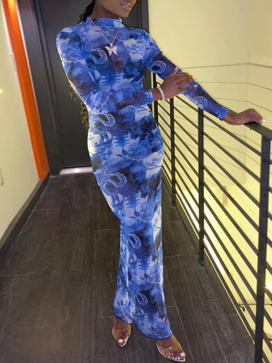 

Lovely Chic Print Mesh Side Split Blue Ankle Length Dress