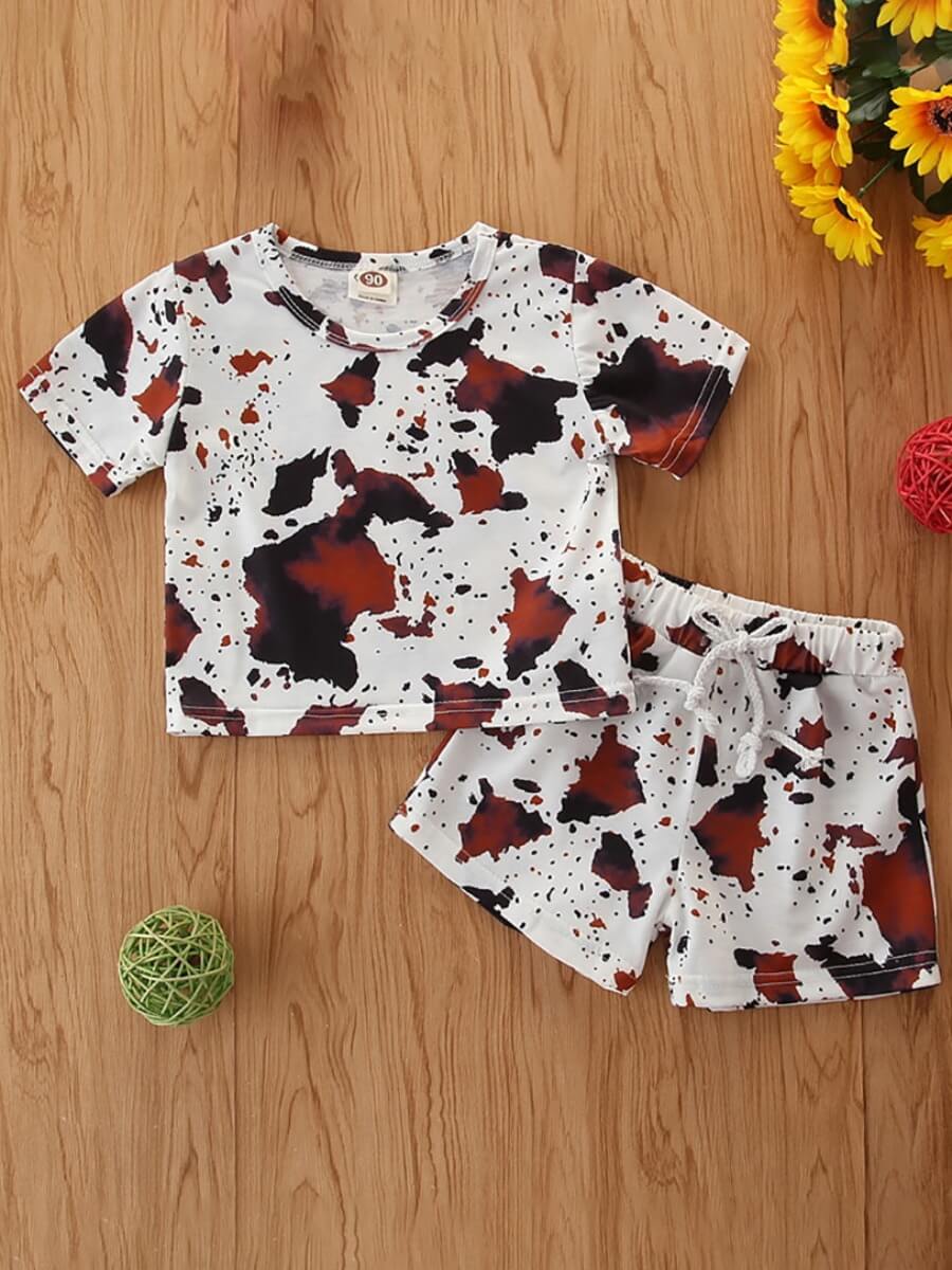 

Lovely Girl Casual Drawstring Print Patchwork White Two Piece Shorts Set