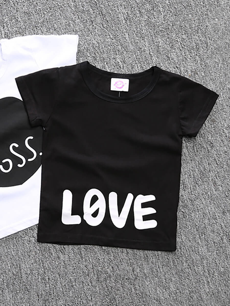 

LW COTTON Boy Casual O Neck Letter Print Black T-shirt