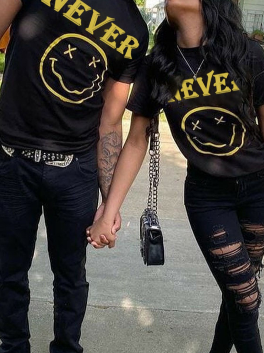 

Lovely Trendy Smiley Face Letter Print Black T-shirt