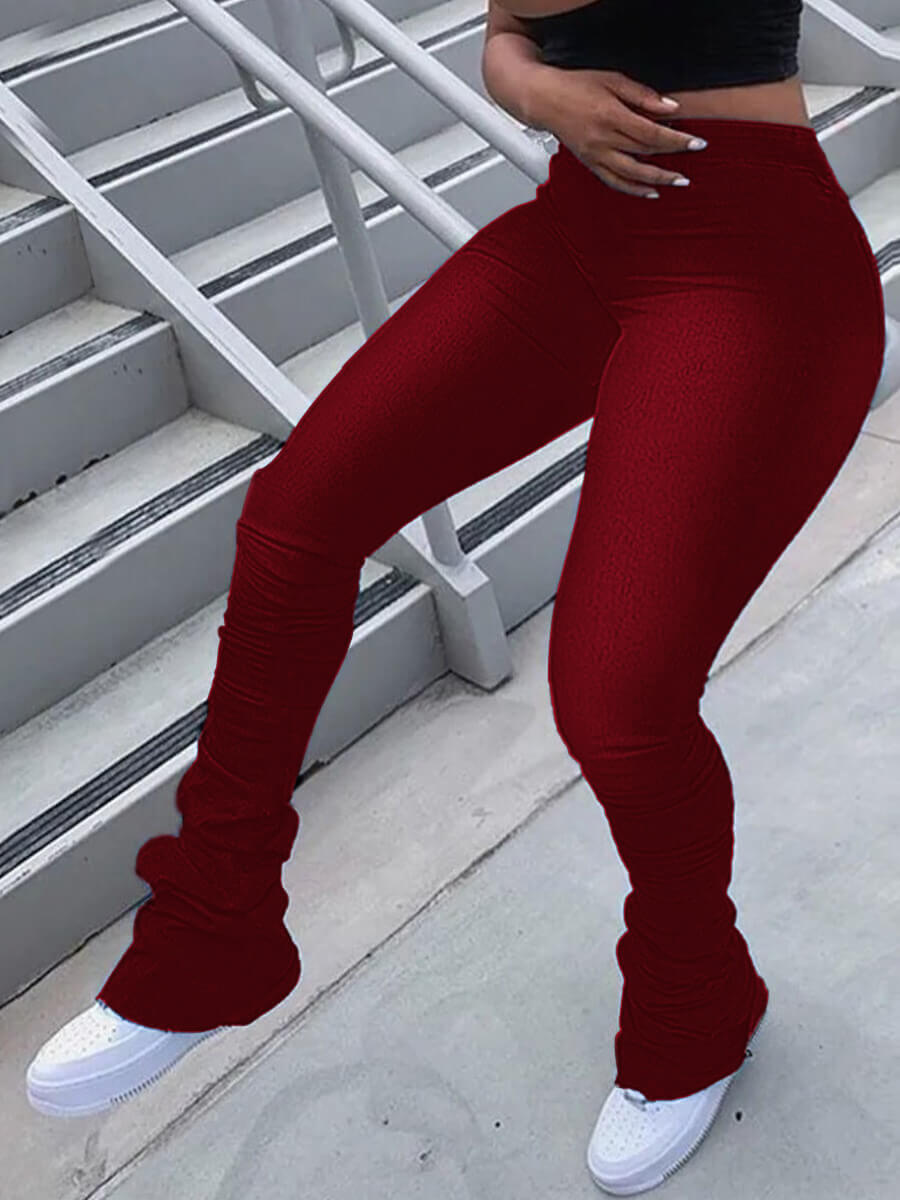 

LW Plus Size Chic High-waisted Fold Design Wine Red Pants