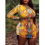 Lovely Casual O Neck Cobra Print Drawstring Yellow