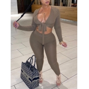 Lovely Casual V Neck Bandage Design Khaki Two Piec