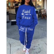 Lovely Casual Letter Print Drawstring Blue Two Pie