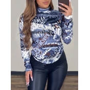 Lovely Chic Letter Print Patchwork Blue T-shirt