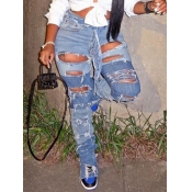 Lovely Street Raw Edge Broken Holes Blue Jeans