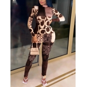 LW Chic Geometric Print Patchwork Brown One-piece 