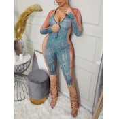 Lovely Casual Tie-dye Zipper Design Blue One-piece