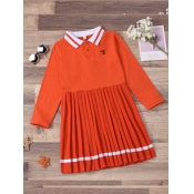 Lovely Sweet Pleated Striped Patchwork Orange Girl