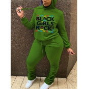 Lovely Casual Hooded Collar Letter Print Green Plu