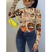 Lovely Street Letter Print Patchwork Apricot T-shi