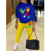 Lovely Casual O Neck Print Blue Two Piece Pants Se