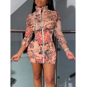 Lovely Sportswear Mandarin Collar Print Zipper Des