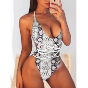 Lovely Sexy Snake Print Hollow-out White One-piece