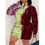 Lovely Plus Size Casual Mandarin Colla Geometric P