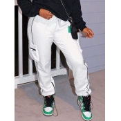 Lovely Casual Striped Side Pocket White Pants