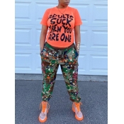 Lovely Street O Neck Letter Print Orange Two Piece