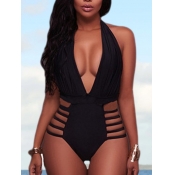 Lovely Casual Deep V Neck Hollow-out Black One-pie