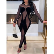 Lovely Sexy O Neck See-through Mesh Stitching Blac