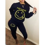 LW Casual O Neck Smiley Face Letter Print Black Tw
