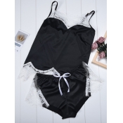 Lovely Home Style Lace Patchwork Black Sleepwear