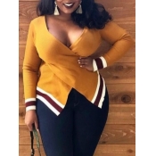 LW Casual Striped Cross-over Design Yellow Sweater